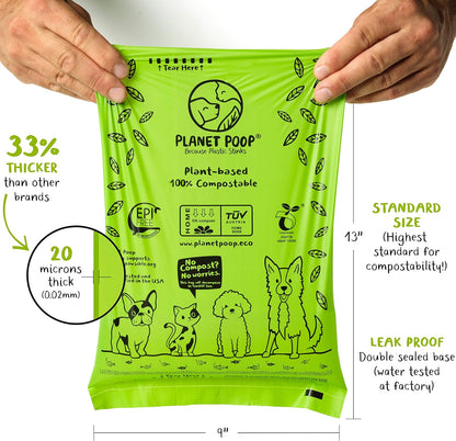 PLANET POOP Home Compostable Dog Poop Bags on Refill Rolls, 60 Un-Scented Pet Waste Bags, Thick Leakproof Plant-Based Doggy Bag, Cat & Dogs Supplies