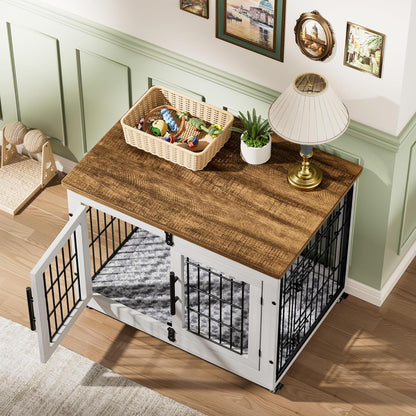 Lulive Dog Crate Furniture for Medium Dogs, 32'' Dog Kennel Indoor with Cushion & Wheels Wooden Dog Cage Double Doors Dog Crate End Table, White