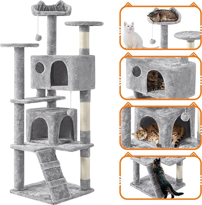 Yaheetech 62in Cat Tree Cat Tower for Indoor Kitty, Pet Furniture w/Double Condo, Scratching Posts, Multiple Platforms and Balls for Kittens, Light Gray