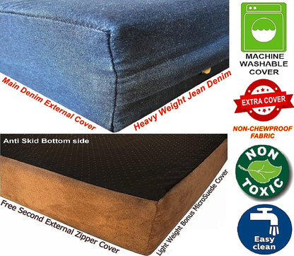 Dogbed4less Luxury Extra Large Orthopedic Memory Foam Dog Bed for Large Dogs with Durable Waterproof Internal Case, Removable Washable Denim Cover and Extra Bonus Pet Bed Cover, XL 40X35X4, Blue
