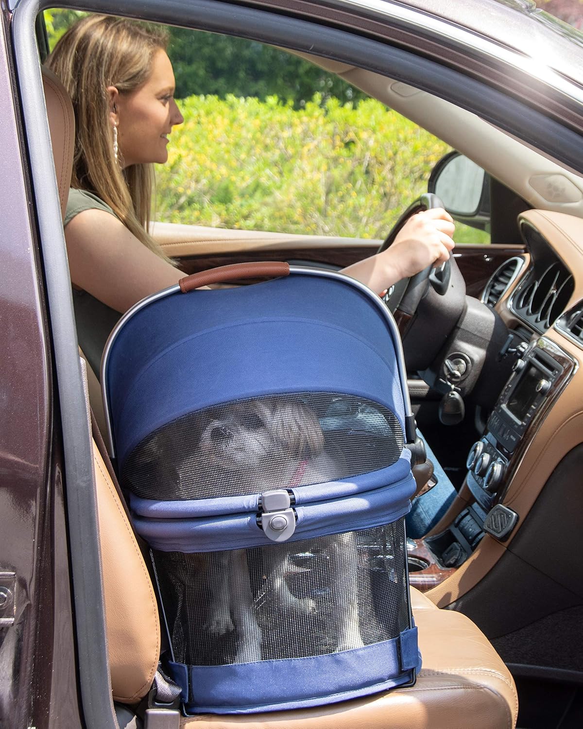 Pet Gear No-Zip View 360 Pet Safety Carrier & Car Seat for Small Dogs & Cats Push Button Entry, View 360 20-inch, Navy - Pawvie