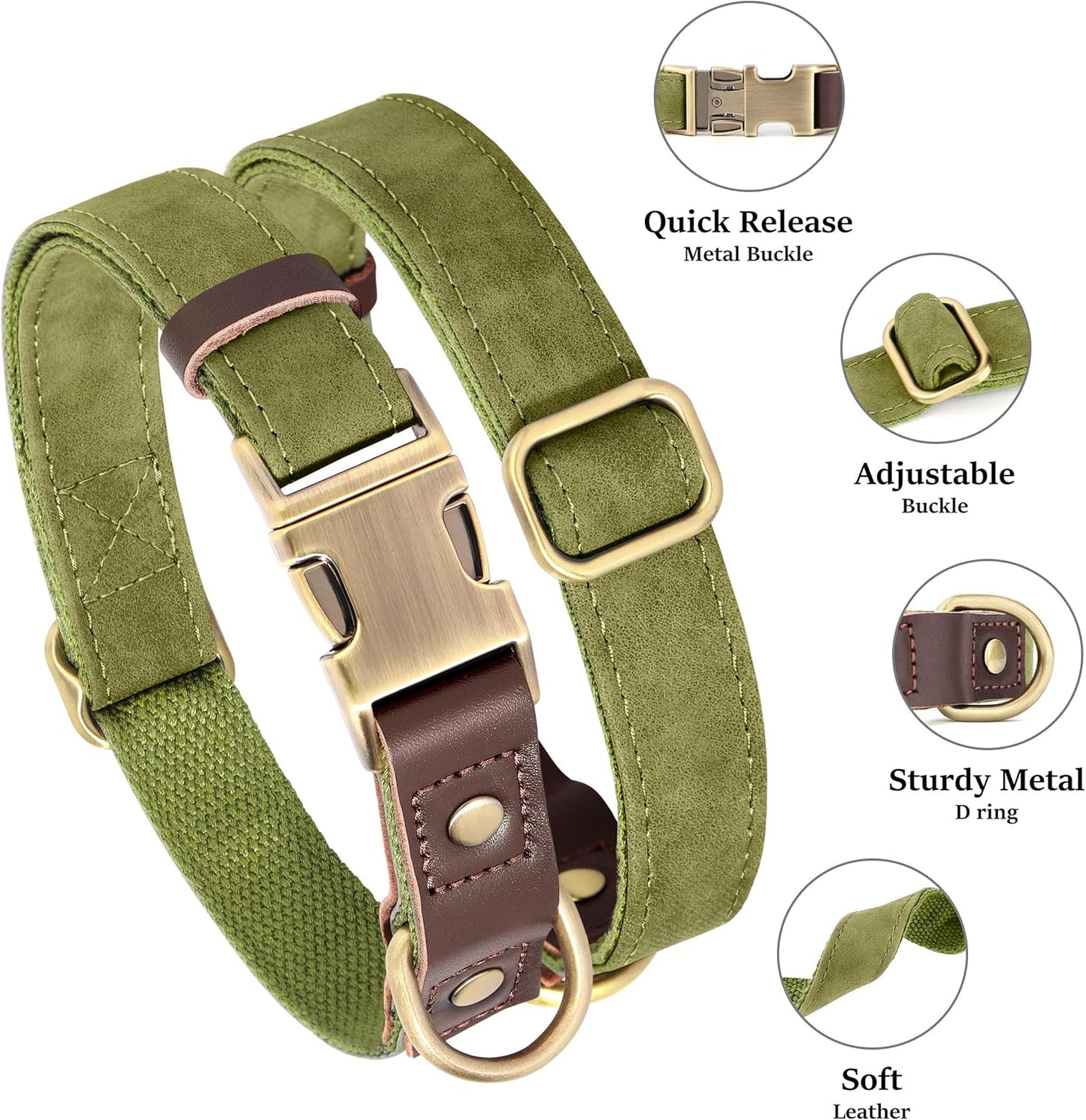 Didog Soft PU Leather Dog Collars for Small Dogs,Classic Adjustable Dog Collars with Quick Release Metal Buckle,Easy Clean and Comfortable with Nylon Lining,Olive Green,S Neck 10-15"
