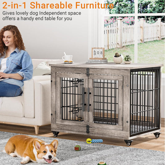 Lulive Dog Crate Furniture for Medium Dogs, 32'' Dog Kennel Indoor with Cushion & Wheels Wooden Dog Cage Double Doors Dog Crate End Table, Grey