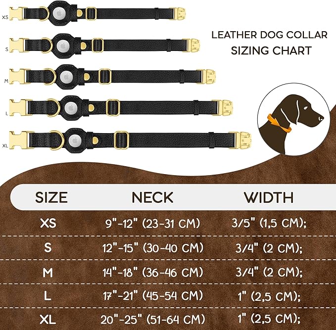 Leather Airtag Dog Collar - Soft Tracking Dog Collar with Apple AirTag Holder and Metal Buckle - Safety GPS Pet Collars for Small Medium Large Dogs Puppy Pink Red (Black, S, 12"-15" Neck Fit)