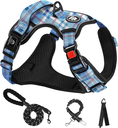 NESTROAD No Pull Dog Harness with Leash, Reflective No Choke Pet Vest Harness,Adjustable Soft Padded Dog Harness with Easy Control Handle for Large Dogs(Checkered Blue,X-Large)