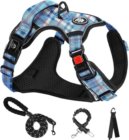 NESTROAD No Pull Dog Harness with Leash, Reflective No Choke Pet Vest Harness,Adjustable Soft Padded Dog Harness with Easy Control Handle for Small Dogs(Checkered Blue,Small)