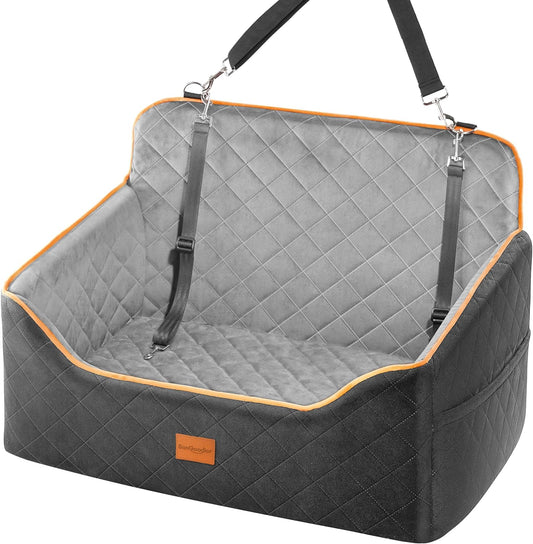 Dog Car Seat for Medium Dogs - Pet Car Seat with 2 Safety Straps & Waterproof Padding, Portable Pet Carrier for Cars, Trucks & SUVs, Comfortable Booster Bed for Pets Up to 55lbs (Black/Grey) - Pawvie