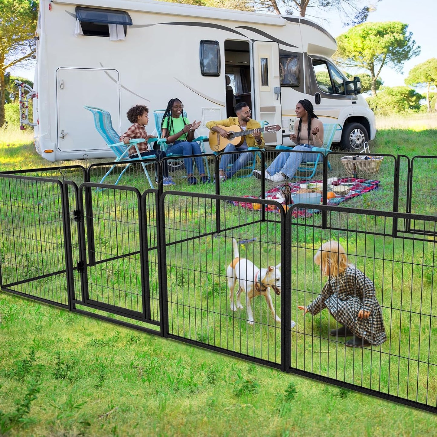 Dog Playpen Outdoor Extra Wide 16 Panels Heavy Duty Dog Fence 32" Height Anti-Rust with Doors Portable for RV Camping Yard, Total 42FT, 140 Sq.ft, Snowy Black