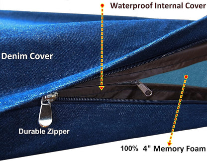 Dogbed4less Luxury Extra Large Orthopedic Memory Foam Dog Bed for Large Dogs with Durable Waterproof Internal Case, Removable Washable Denim Cover and Extra Bonus Pet Bed Cover, XL 40X35X4, Blue