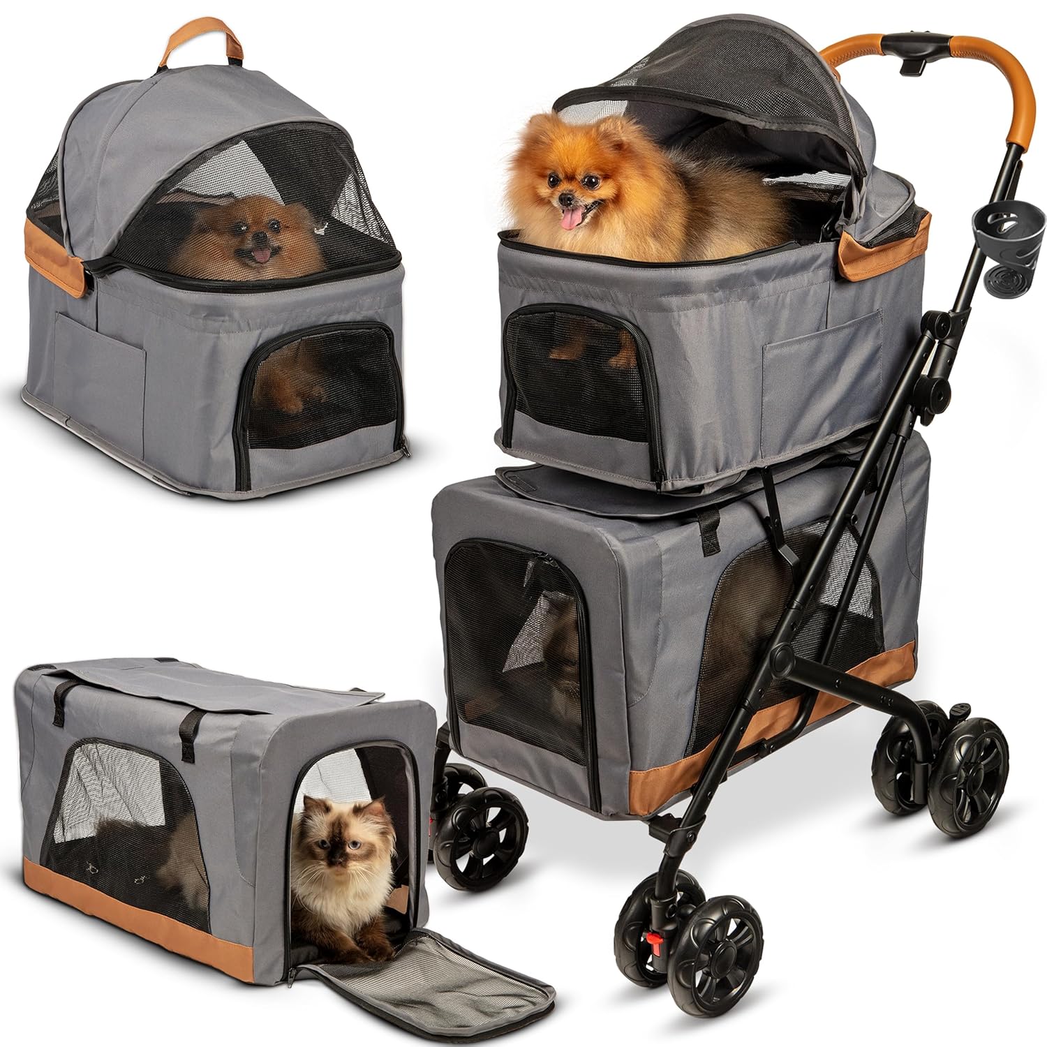 Double Pet Stroller with Detachable Carriers - Ideal for 2 Dogs or Cats - Compact & Convenient Design - Easy Assembly Double Dog Stroller - Graphite Gray - Pawvie