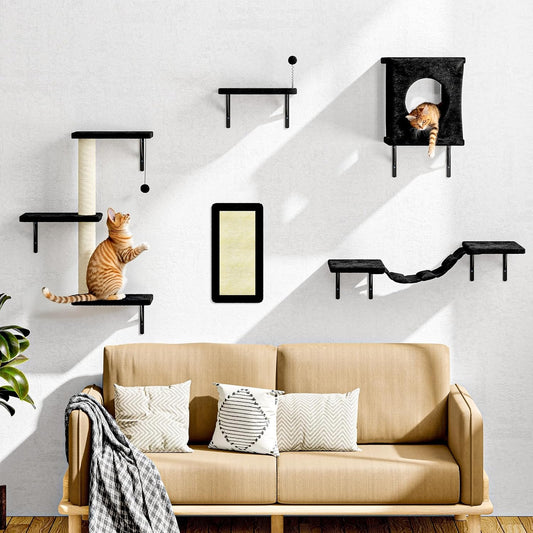 NUNU LAB Cat Wall Shelves Set, 5 Pcs Wall-Mounted Cat Climber with Cat House, Bridge, Scratching Post, Hammock, Wall Shelves, Black