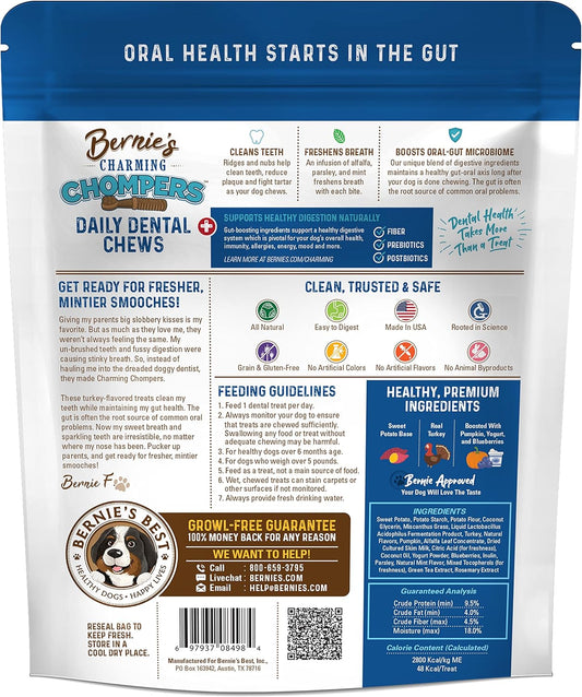 Bernie's Charming Chompers - Daily Dental Chews for Dogs 15-25 Lbs. - 30 Count - Cleans Teeth, Freshens Breath, + Boosts Oral-Gut Microbiome. Easy to Digest, Supports Healthy Digestion Naturally