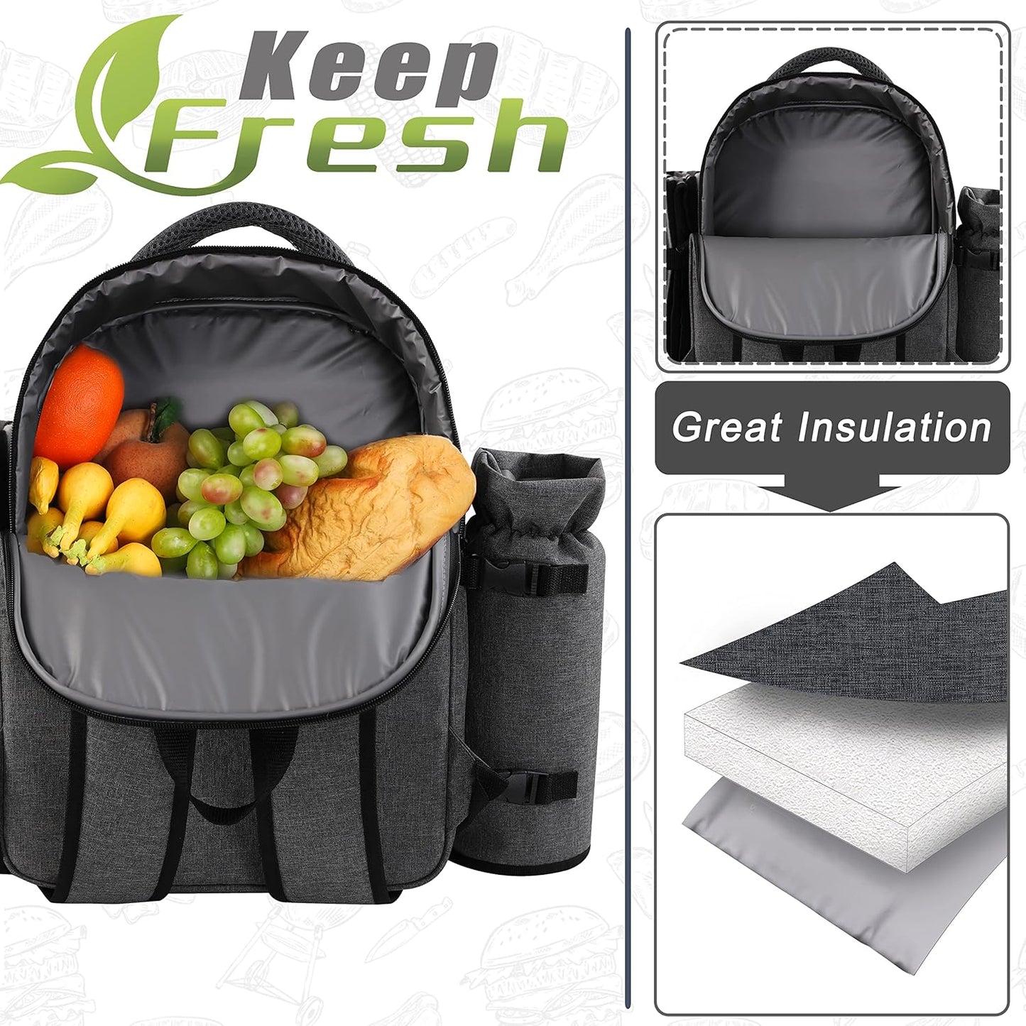 apollo walker Picnic Backpack Bag for 2 Person with Cooler Compartment, Detachable Bottle/Wine Holder, Fleece Blanket, Plates and Cutlery Set (2Person,Grey)