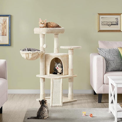 Topeakmart 42in Cat Tree Tower for Indoor Cats, Cat Condo with Perch & Hammock, Activity Center, Multi-Level Cat Furniture with Scratching Posts, Cat House, Beige