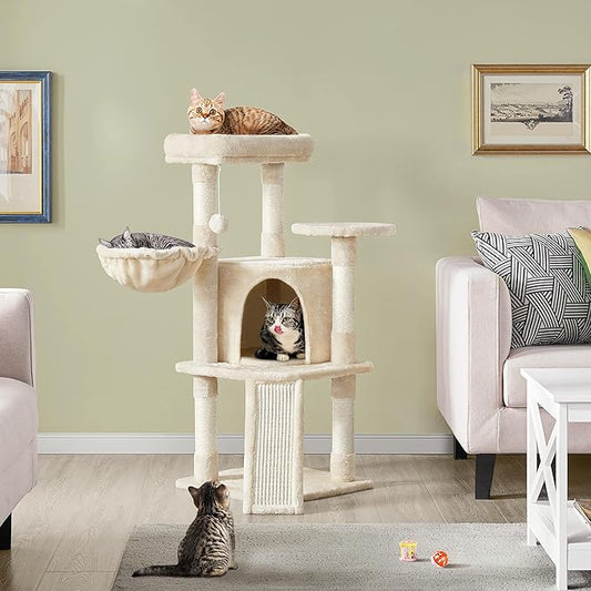 Topeakmart 42in Cat Tree Tower for Indoor Cats, Cat Condo with Perch & Hammock, Activity Center, Multi-Level Cat Furniture with Scratching Posts, Cat House, Beige