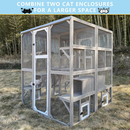 Catio Outdoor Cat Enclosure Large Window Cat House Walk in Kitty Cage with Multi-Level Platforms, Waterproof Roof for Mulitiple Cats (59" L x 29.5" W x 67.7" H)