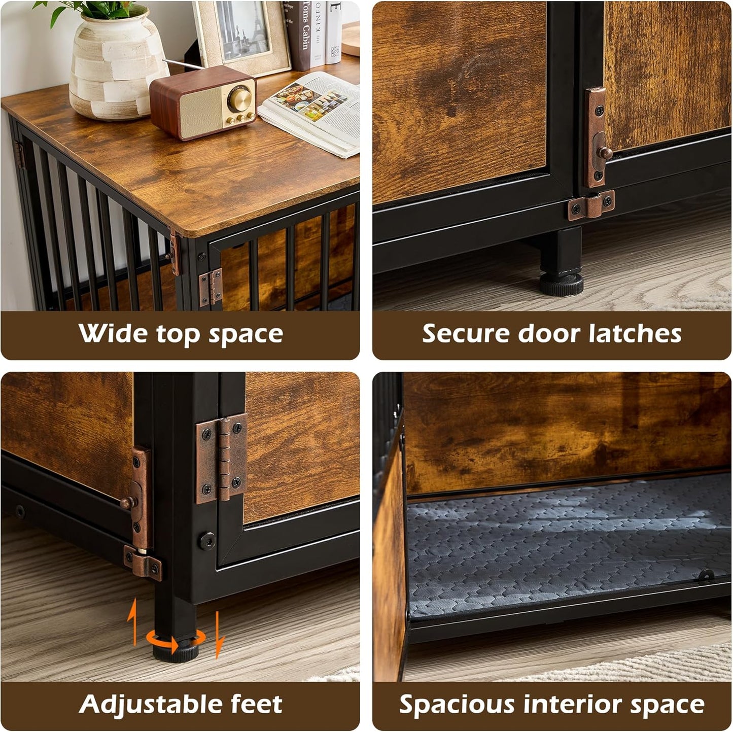 KOOPRO 43.7" Inch Dog Crate Furniture with Cushion for Large Dogs, Wooden Heavy Duty Dog Kennel with Double Doors Indoor, Decorative Pet House Dog Cage Side End Table, Rustic Brown