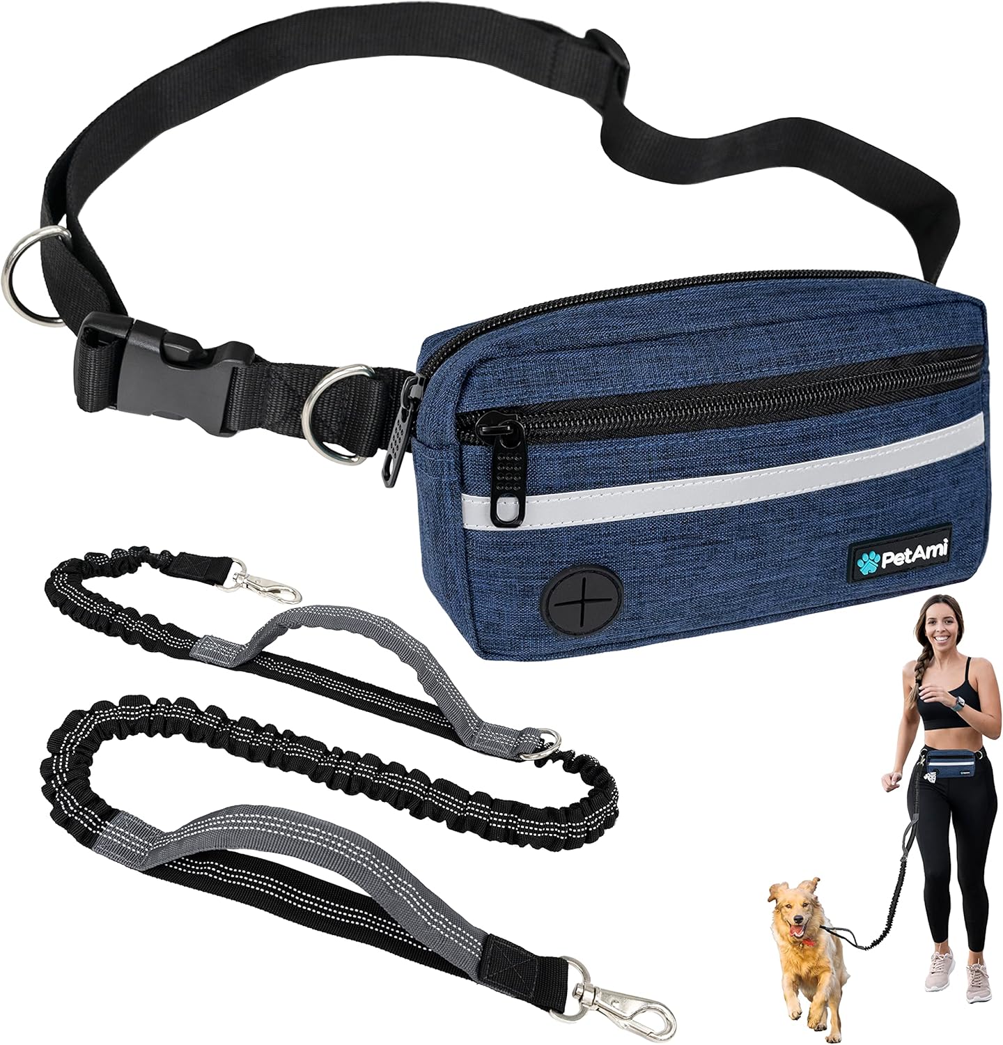 PetAmi Hands Free Dog Leash, Dog Running Leash Belt for Walking Jogging, Dog Waist Zipper Pouch Fanny Pack with Poop Bag Dispenser, Dual Padded Handle Bungee Leash for Small Medium Large Dogs, Single