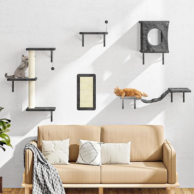 NUNU LAB Wall Mounted Cat Wall Shelves, 10-in-1 Cat Wall Climber with Kitten House, Bridge, Steps, Scratcher, Indoor Space-Saving Furniture for Kittens Play, Gray