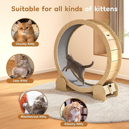 Cat Wheel for Indoor Cats, 46" Large Cat Exercise Wheel with Detachable Carpet, Silent Cat Treadmill with Safety Lock for Small & Adult Cats, Quiet for Nighttime Use, Natural Wood Color