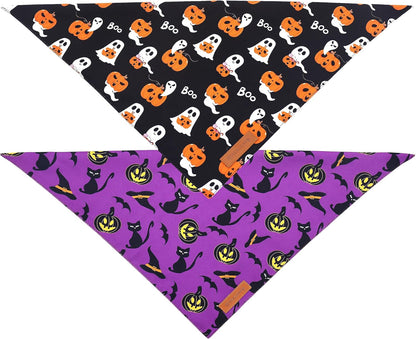 Realeaf Halloween Dog Bandanas 2 Pack, Reversible Orange Pumpkin Pet Scarf for Boy and Girl, Premium Durable Fabric, Holiday Bandana for Small Medium Large and Extra Large Dogs (Small)