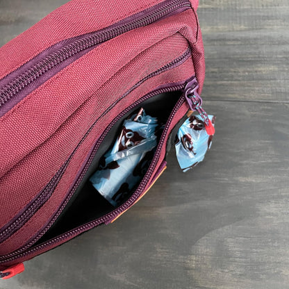 Wilderdog Utility Fanny Pack stores Treats, Balls, Keys in 3 Pockets with adjustable strap and Poop Bag dispenser (Huckleberry) - Pawvie