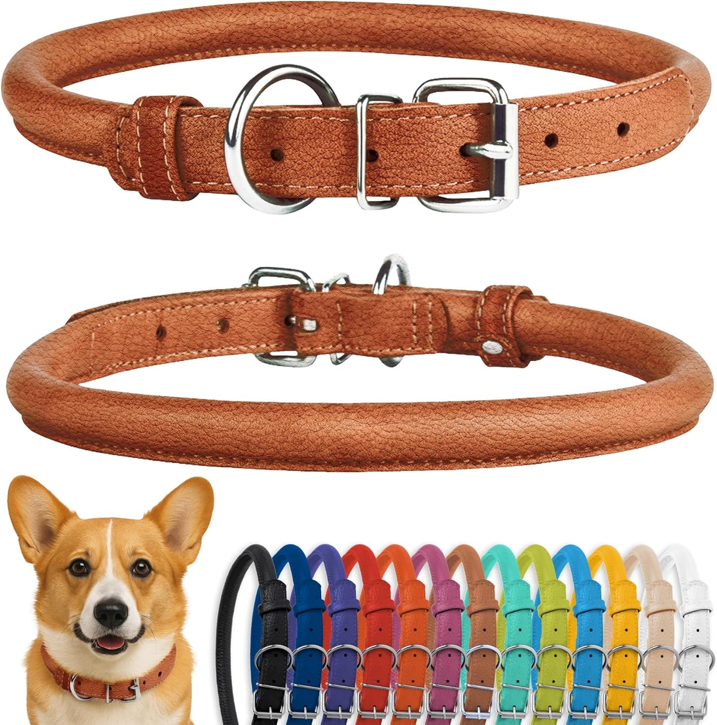 CollarDirect Rolled Leather Dog Collar, Soft Padded Round Puppy Collar, Handmade Genuine Leather Collar Dog Small Large Cat Collars 13 Colors (13-16 Inch, Cinnamon Textured)