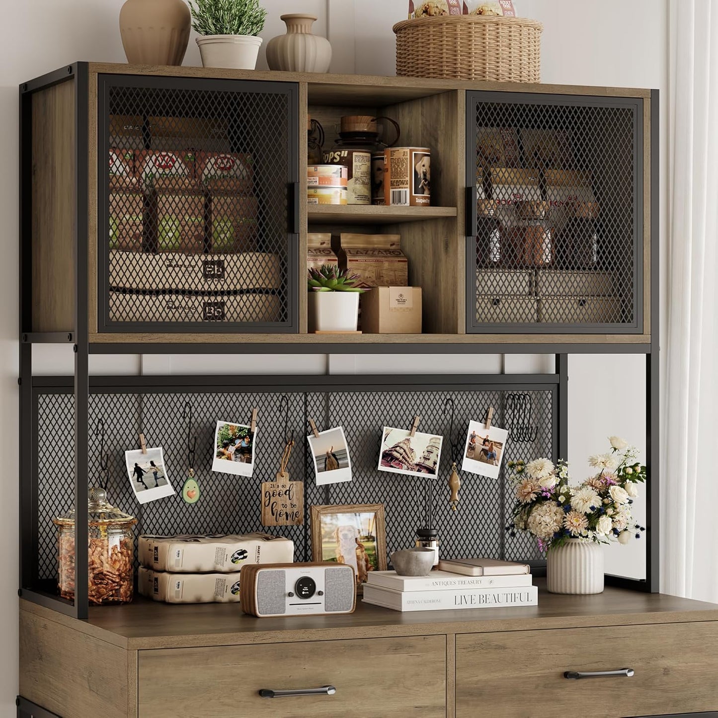 HITHOS 71" Tall Dog Crate Furniture, Indoor Dog Kennel with Hutch, 42" W Dog Cage for Large/Medium Dogs, Wood Dog Crates with 2 Storage Drawers, Heavy Duty Pet House, Rustic Brown