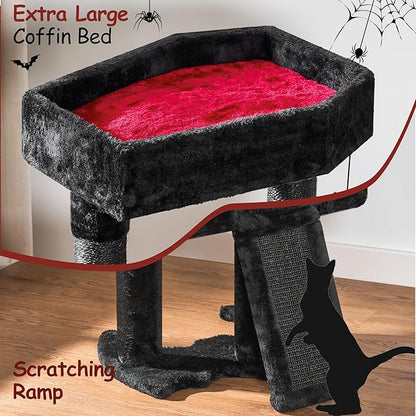 BEWISHOME Cat Tree Tower for Indoor Gothic Cat Trees with Coffin Bed, Cat Condo Cat House with Scratching Posts, Cat Shelves with Spider Toy, Pet Play Activity Center Black with Red, MMJ95R