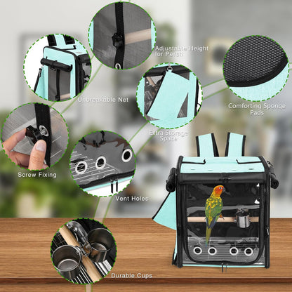 Suertree Bird Carrier with Seat Belt for Car Travel, Bird Backpack Carrier with Indestructible Stainless Steel Mesh, Large Bird Carrier Travel Cage, Green