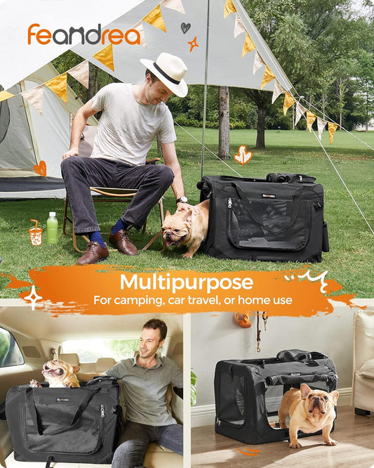 Feandrea 24 Inches Collapsible Soft Dog Crate, Portable Travel Dog Crate for Indoor and Outdoor Use, Dog Carrier Kennel with Safety Zippers, for Living Room, Car, Travelling, Camping, Black UPDC60H