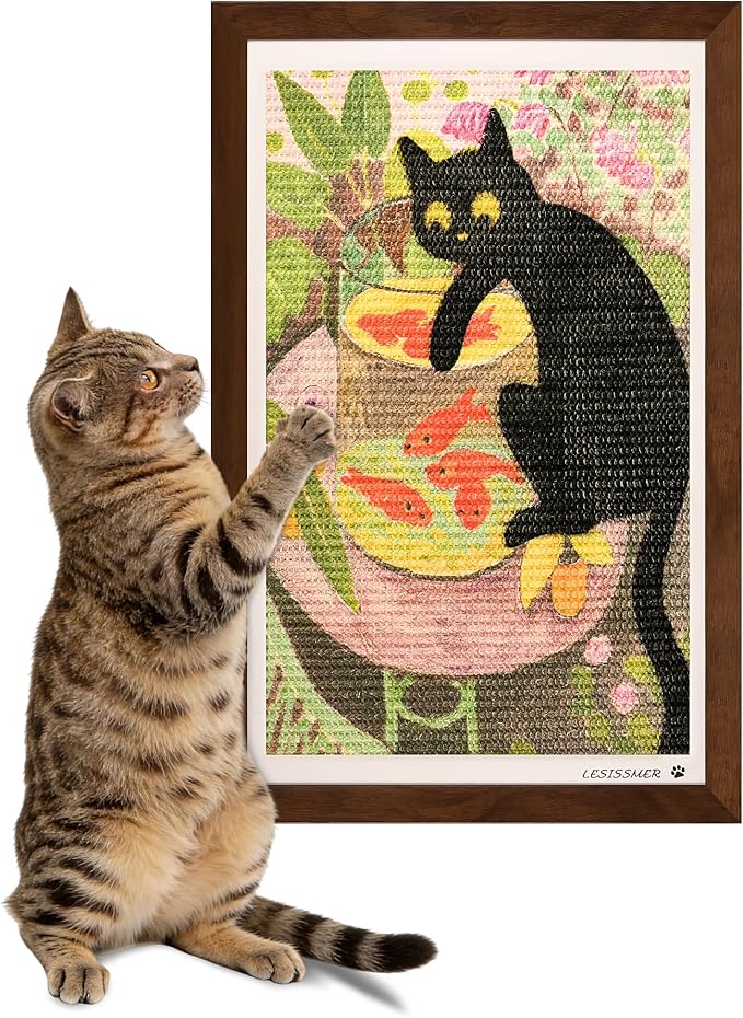 Wall Art Cat Scratcher Sisal Mat, No-Drill Wall Mounted Cat Scratch Pad with Frame, 13.8 x 21.7 Inch Cat Wall Scratchers for Indoor Cats（Goldfish）
