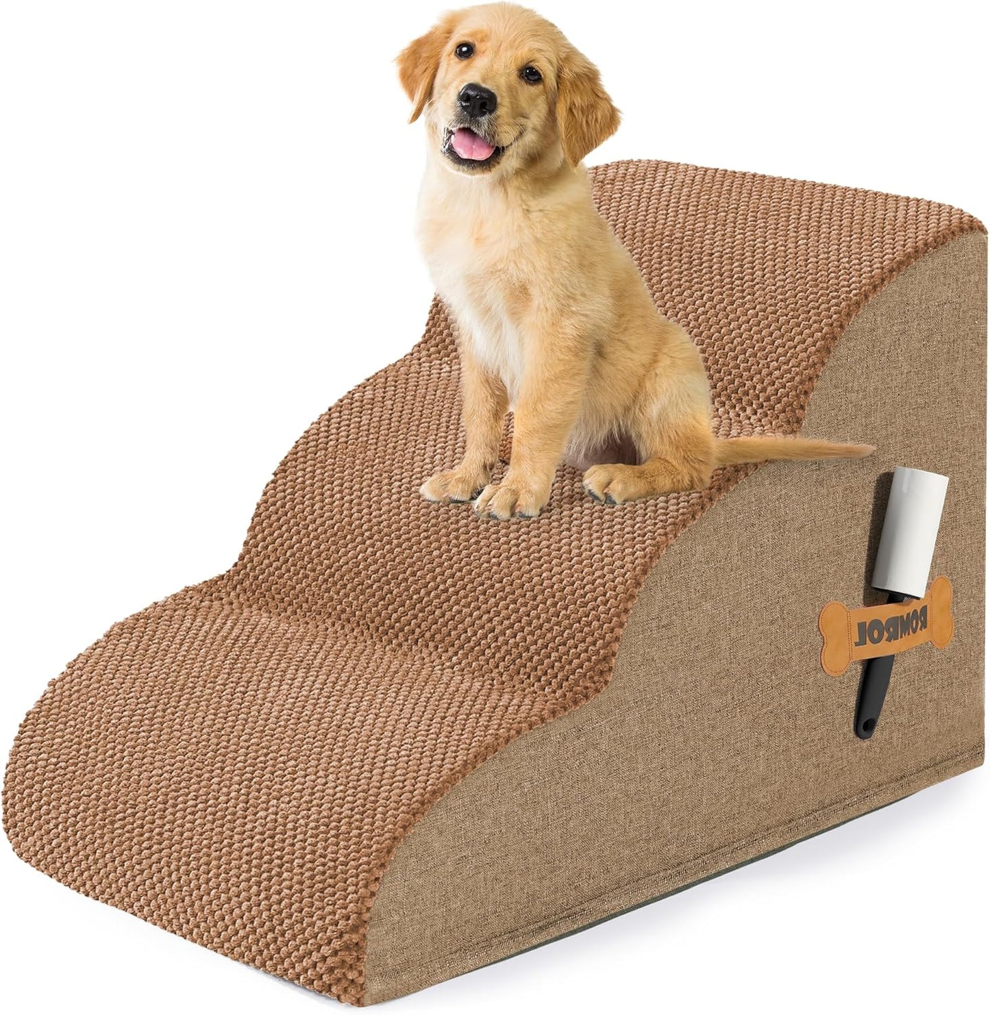 Romrol Dog Stairs Ramp for High Beds Couches, High Density Foam Pet Steps with Durable Non-Slip Waterproof Fabric Cover, Dog Stairs for Small Dogs or Cats or Pets, 3-Step,15 Inch,Light Brown - Pawvie