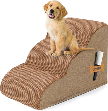 Romrol Dog Stairs Ramp for High Beds Couches, High Density Foam Pet Steps with Durable Non-Slip Waterproof Fabric Cover, Dog Stairs for Small Dogs or Cats or Pets, 3-Step,15 Inch,Light Brown - Pawvie