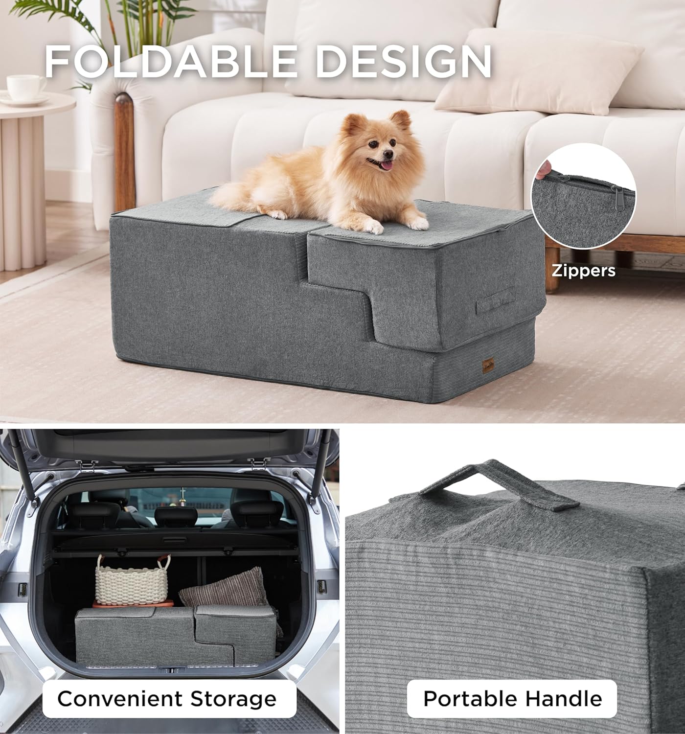 Made4Pets Dog Steps for Bed, Extra Wide Dog Stairs for High Bed Couch Sofa, 35D Foam Pet Steps for Small Dogs and Cats, Non-Slip Bottom Pet Stairs, Grey, 4 Steps