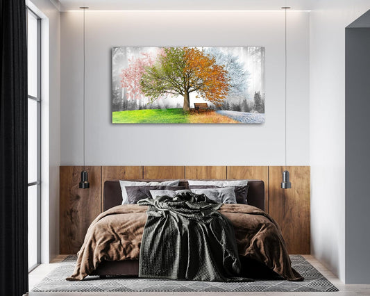 Jiuqinghua Canvas Prints Wall Art Decor Large Four Seasons Tree Picture 1 Panel Spring Summer Autumn Winter Tree Painting Artwork for Dining Room Kitchen Home Decor Stretched and Framed Ready to Hang