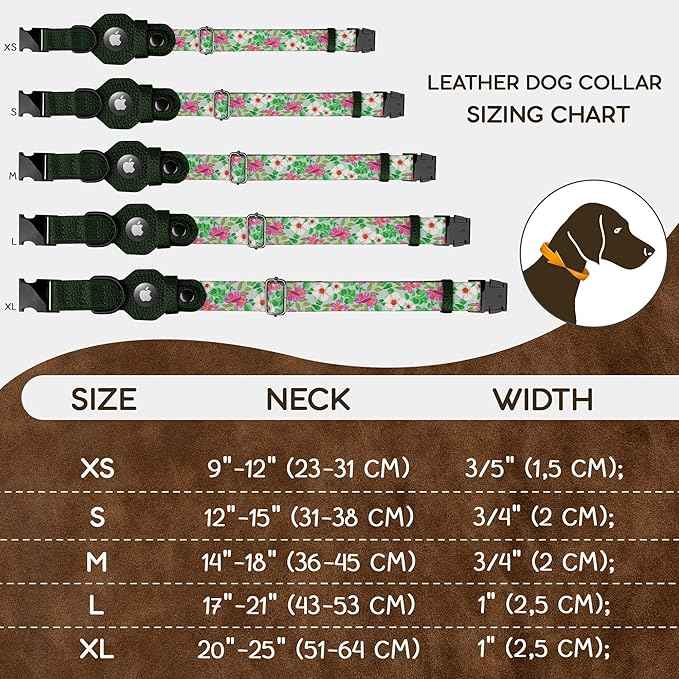 AirTag Dog Collar with Metal Buckle - Printed Nylon Soft Leather Dog Collar with Apple AirTag Holder - Secure Tracking GPS Pet Collars for Girl Boy Small Large Dogs (S, 12"-15" Neck Fit, Floral)