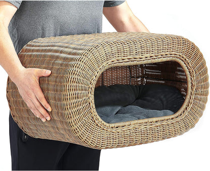 Fun Stackable Wicker Cat Hideaway House - Interactive Play Rattan Cat House for Indoor Cats Kitty, Pet Friendly Top/Side House Entry, Cat Bed Enclosed