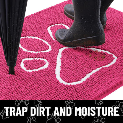 Smiry Dog Door Mat for Muddy Paws, Absorbent Dirt Trapper Non Slip Quick Dry Washable Chenille Mat for Mud Dogs, Entry Rug for Indoor and Outdoor (36x24 Inches, Hot Pink)