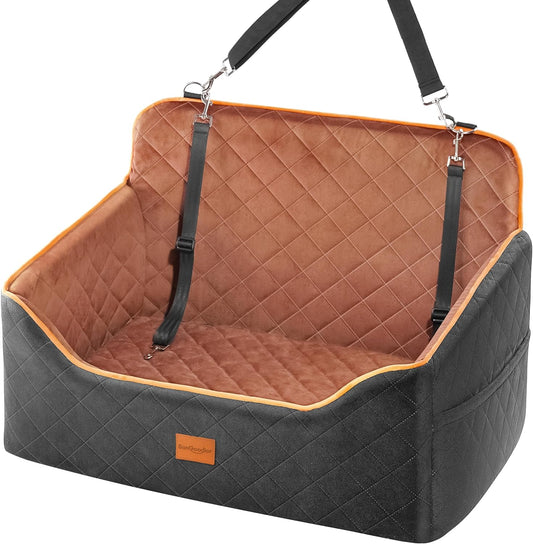 Dog Car Seat for Medium Dogs - Pet Car Seat with 2 Safety Straps & Waterproof Padding, Portable Pet Carrier for Cars, Trucks & SUVs, Comfortable Booster Bed for Pets Up to 55lbs (Black/Coffee) - Pawvie