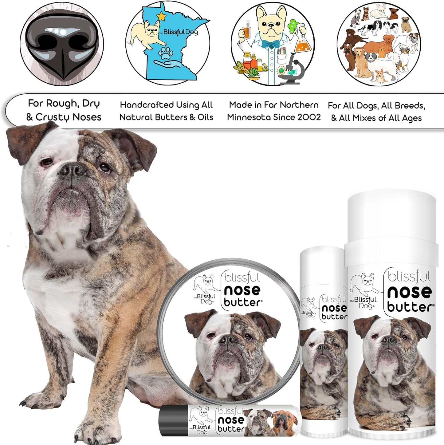 The Blissful Dog Olde English Bulldogge Nose Butter for Dry, Cracked Skin, Lick-Safe Dog Nose Balm with Moisturizing Shea Butter, Almond, Olive, and Essential Oils, Pet Supplies, Uncented, 2 oz.