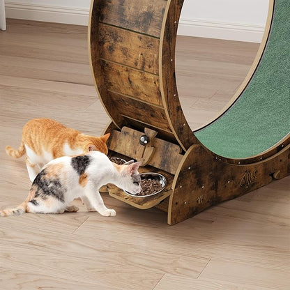 Cat Running Wheel for Indoor Cats, Large 6-in-1 Cat Treadmill with Bowls, Scratch Post & Resting House, Quiet Cats Wheel Exerciser for Kitty Fitness Brown