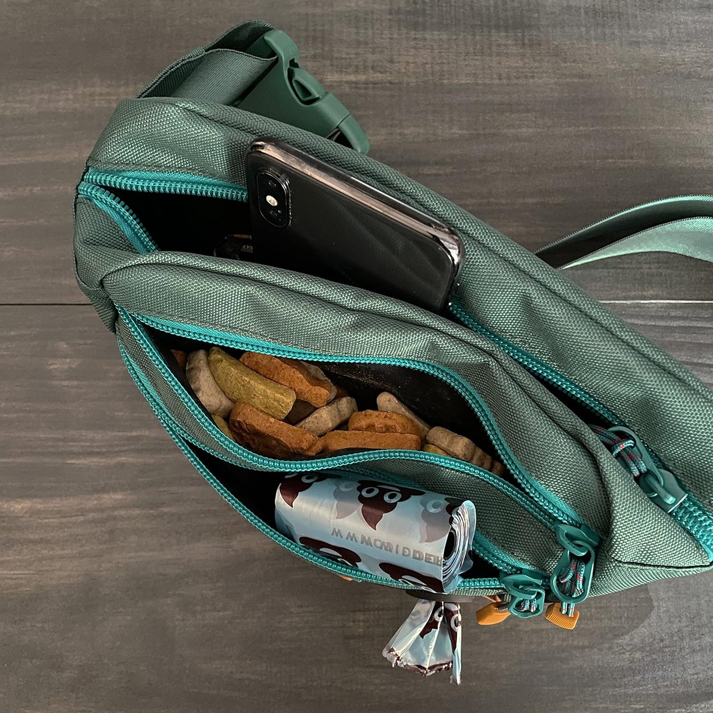 Wilderdog Utility Fanny Pack stores Treats, Balls, Keys in 3 Pockets with adjustable strap and Poop Bag dispenser (Evergreen)