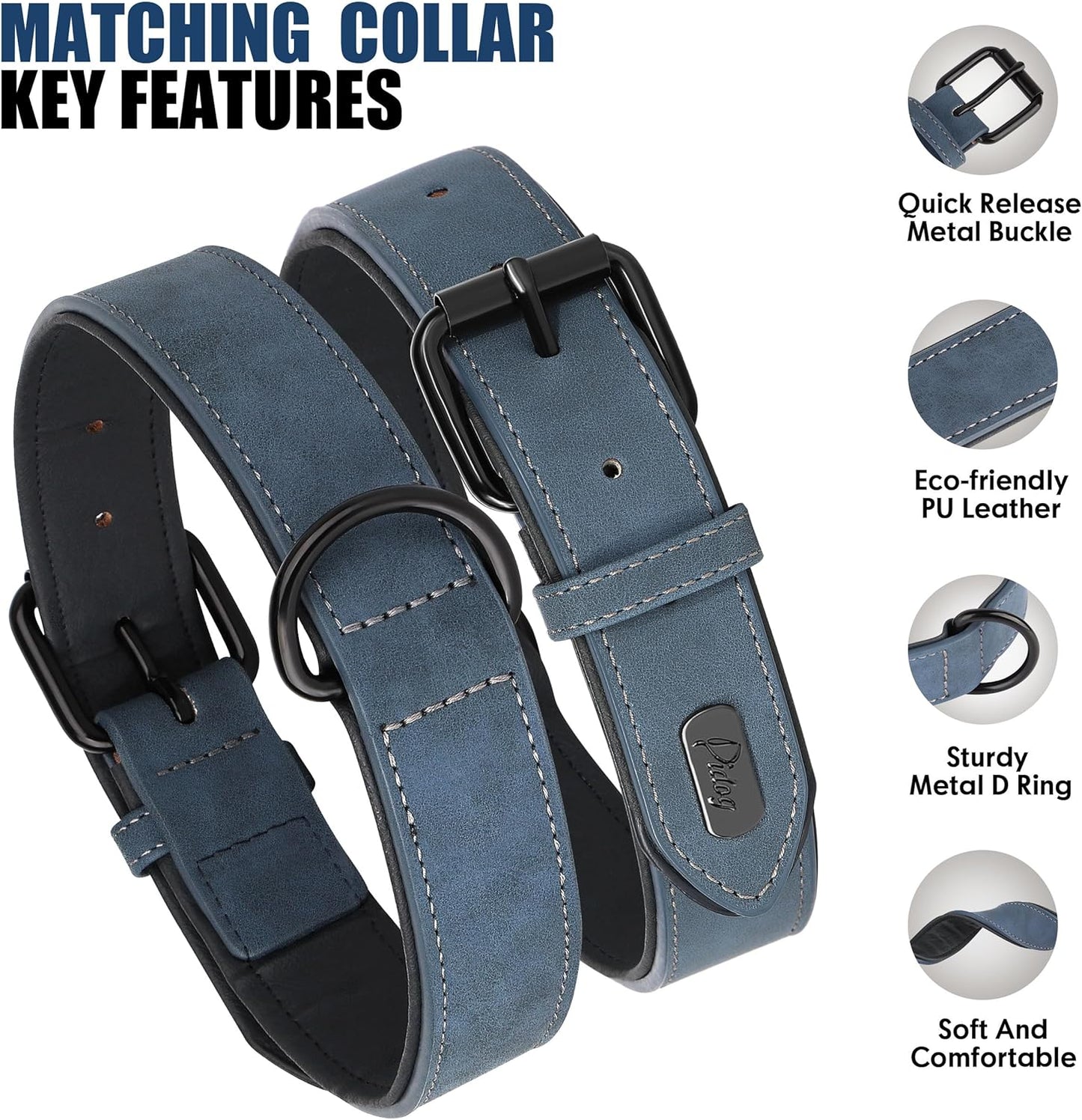 Didog Soft Padded Leather Dog Collar and Leash Set, Adjustable Dog Leash and Collar Set with Metal Buckle, Breathable Dog Collars with 4FT PU Leather Dog Leash for Medium Large Dogs, Blue, L
