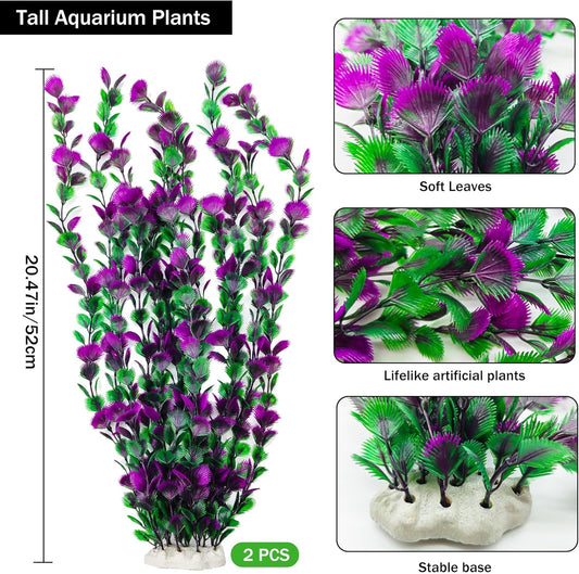 20.47 Inch Tall Aquarium Plants – Large Lifelike Artificial Fish Tank Decorations, 2 Pcs Fish Tank Plants Plastic，Durable & Safe for Freshwater/Saltwater Aquariums (Purple (Style C))