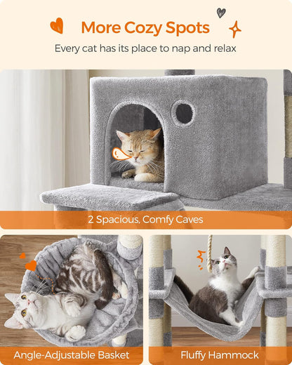 Feandrea Cat Tree, 81.1-Inch Large Cat Tower with 13 Scratching Posts, 2 Perches, 2 Caves, Basket, Hammock, Pompoms, Multi-Level Plush Cat Condo for Indoor Cats, Light Gray UPCT190W01