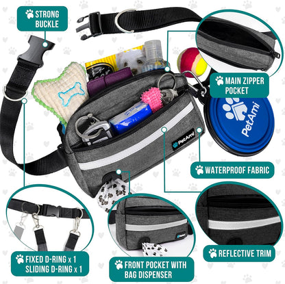 PetAmi Hands Free Dog Leash, Dog Running Leash Belt for Walking Jogging, Dog Waist Zipper Pouch Fanny Pack with Poop Bag Dispenser, Dual Padded Handle Bungee Leash for Small Medium Large Dogs, Double