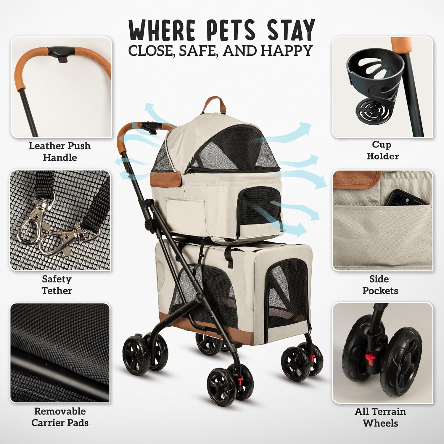 Double Pet Stroller with Detachable Carriers - Ideal for 2 Dogs or Cats - Compact & Convenient Design - Easy Assembly Double Dog Stroller - Cosmic Beige - Pawvie