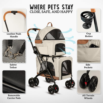 Double Pet Stroller with Detachable Carriers - Ideal for 2 Dogs or Cats - Compact & Convenient Design - Easy Assembly Double Dog Stroller - Cosmic Beige - Pawvie