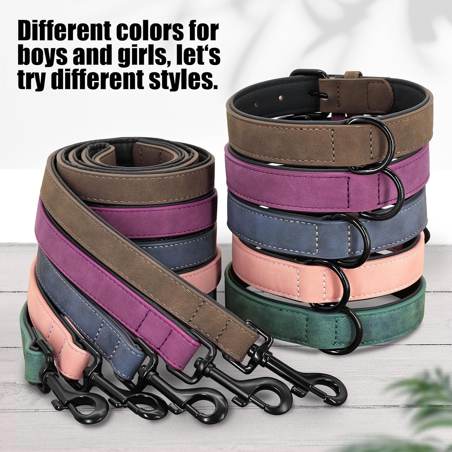 Didog Soft Padded Leather Dog Collar and Leash Set, Heavy Duty Dog Leash and Collar Set with Metal Buckle, Breathable Dog Collars with 4FT Leather Dog Leash for Small Medium Large Dogs, Purple, L